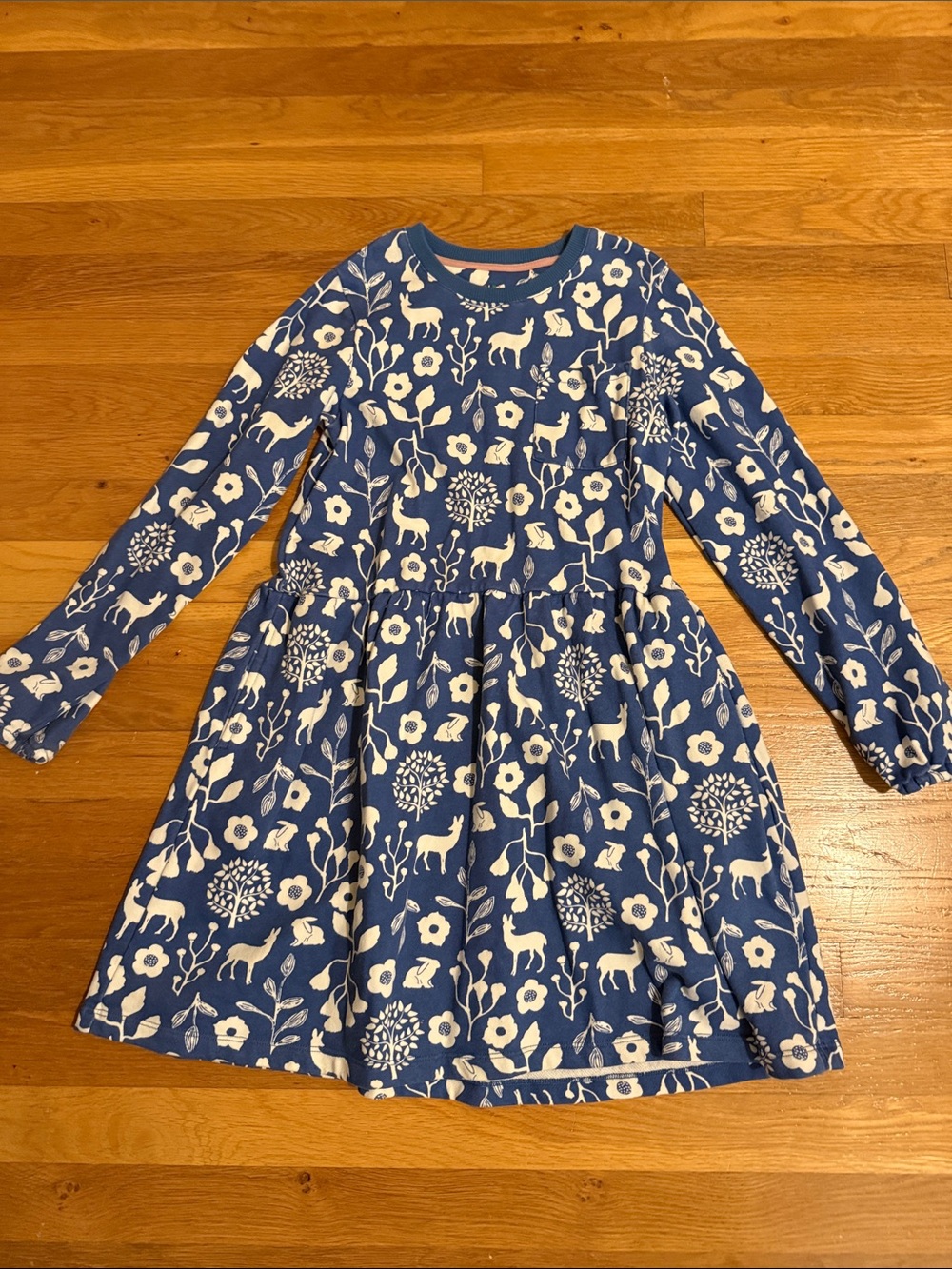 Mini Boden Blue Floral & Deer Print Long Sleeve Dress